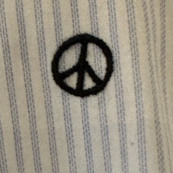 Madewell Womens XS Blue and White Striped Tie Waist Button Up Top Peace Signs - Picture 6 of 6